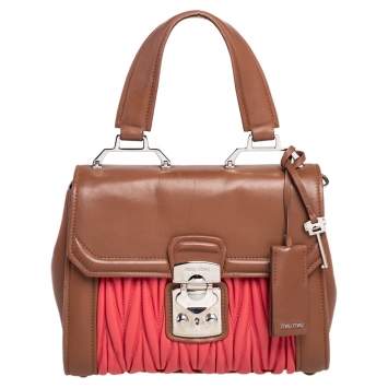 Pre Owned Miu Miu Brown/Coral Matelasse Leather Top Handle Bag
