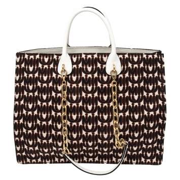 Pre Owned Miu Miu Multicolor Logo Jacquard Canvas and Leather Chain Tote