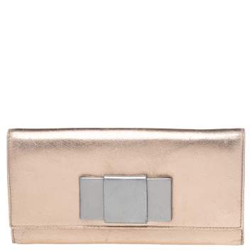 Pre Owned Miu Miu Metallic Gold/Grey Leather Bow Continental Wallet