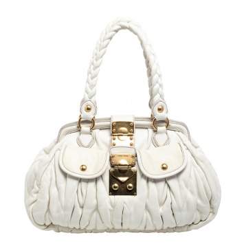 Pre Owned Miu Miu Off White Matelassé Leather Coffer Frame Satchel