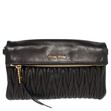 Pre Owned Miu Miu Black Matelassé Leather Fold Over Clutch