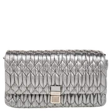 Pre Owned Miu Miu Silver Matelassé Nappa Leather Crystal Shoulder Bag