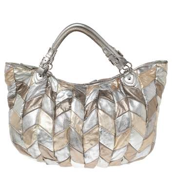 Pre Owned Miu Miu Metallic Silver/Gold Leather Harlequin Tote