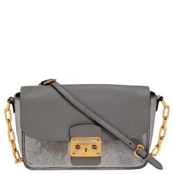 Pre Owned Miu Miu Grey/Silver Madras Leather Push Lock Shoulder Bag