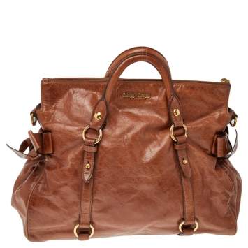 Pre Owned Miu Miu Brown Vitello Lux Leather Bow Top Zip Tote