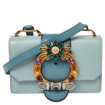Pre Owned Miu Miu Two Tone Blue Madras Leather Crystal Embellished Buckle Flap Shoulder Bag