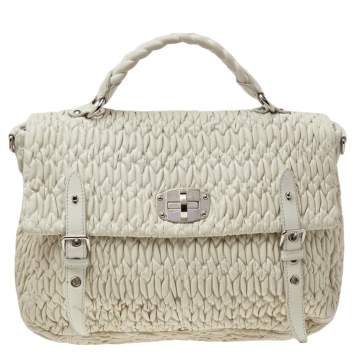 Pre Owned Miu Miu White Matelassé Nappa Leather Turnlock Top Handle Bag
