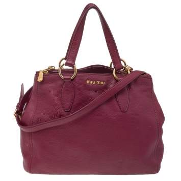 Pre Owned Miu Miu Burgundy Pebbled Leather Zip Tote