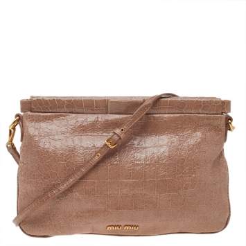 Pre Owned Miu Miu Beige Croc Embossed Crackle Leather Crossbody Bag