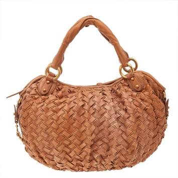 Pre Owned Miu Miu Brown Woven Leather Zip Hobo 