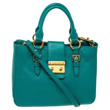 Pre Owned Miu Miu Green Madras Leather Tote