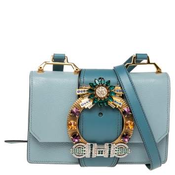 Pre Owned Miu Miu Two Tone Blue Madras Leather Crystal Embellished Buckle Flap Shoulder Bag