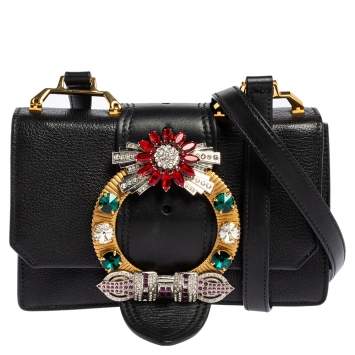 Pre Owned Miu Miu Black Madras Leather Crystal Embellished Buckle Flap Shoulder Bag