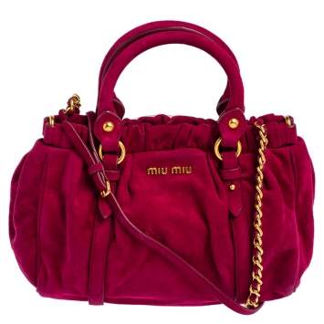 Pre Owned Miu Miu Fuchsia Suede Small Gathered Tote