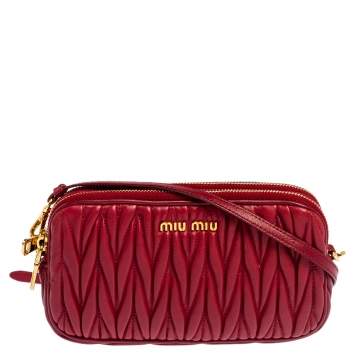 Pre Owned Miu Miu Red Matelasse Leather Double Zip Crossbody Bag