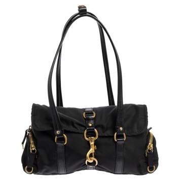 Pre Owned Miu Miu Black Nylon and Leather Flap Pocket Shoulder Bag