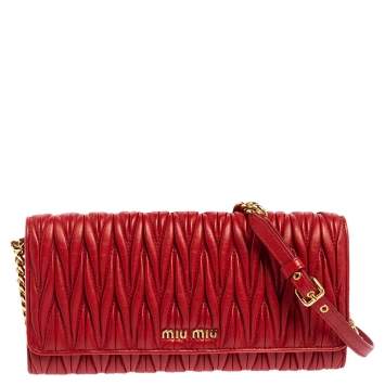 Pre Owned Miu Miu Red Matelasse Leather Flap Wallet On Chain