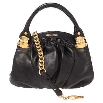 Pre Owned Miu Miu Black Soft Leather Small Frame Convertible Tote 