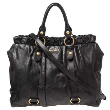 Pre Owned Miu Miu Black Leather Gathered Tote