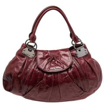 Pre Owned Miu Miu Burgundy Leather Ruched Front Pocket Shoulder Bag