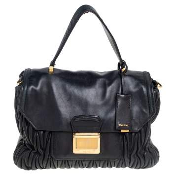 Pre Owned Miu Miu Black Matelassé Leather Push Lock Top Handle Bag