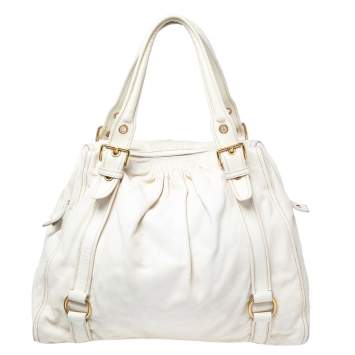 Pre Owned Miu Miu White Leather Large Shopping Tote