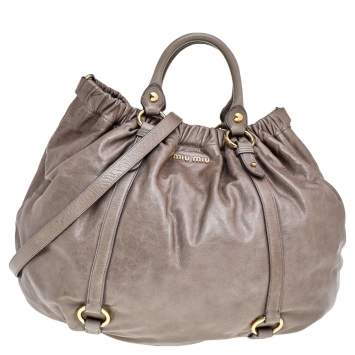 Pre Owned Miu Miu Grey Vitello Lux Leather Gathered Hobo