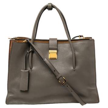 Pre Owned Miu Miu Grey/Brown Madras Leather Pushlock Tote