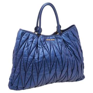 Pre Owned Miu Miu Metallic Blue Leather Large Matelasse Tote