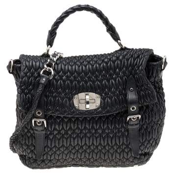 Pre Owned Miu Miu Black Matelassé Leather Turnlock Flap Top Handle Bag