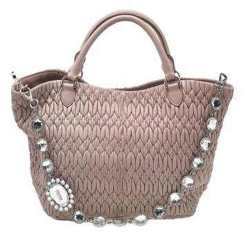 Pre Owned Miu Miu Beige Leather Matelassé Crystal Embellished Tote