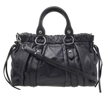 Pre Owned Miu Miu Navy Blue Glazed Leather Luxe Ruched Tote