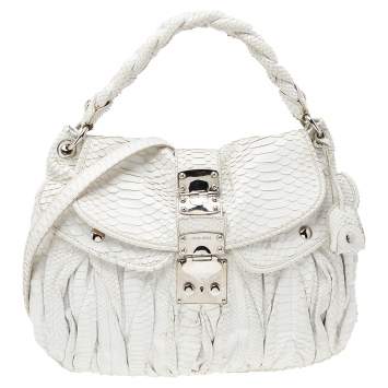 Pre Owned Miu Miu White Matelassé Python Coffer Hobo