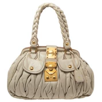 Pre Owned Miu Miu Off White Matelassé Leather Coffer Frame Satchel