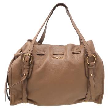 Pre Owned Miu Miu Light Brown Leather Drawstring Shoulder Bag