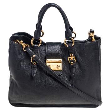 Pre Owned Miu Miu Black Leather Large Madras Tote 