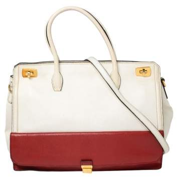 Pre Owned Miu Miu White/Red Leather Double Twist Lock Tote 