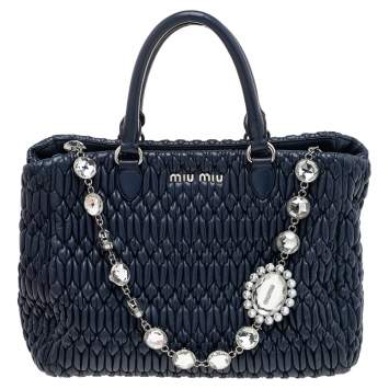 Pre Owned Miu Miu Navy Blue Matelassé Nappa Leather Crystal Tote