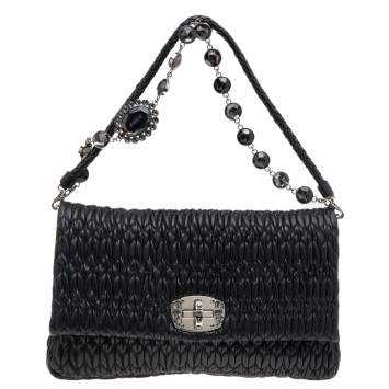 Pre Owned Miu Miu Black Matelassé Nappa Leather Crystal Shoulder Bag