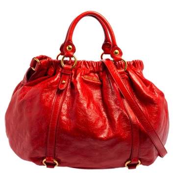 Pre Owned Miu Miu Orange Vitello Lux Leather Gathered Hobo