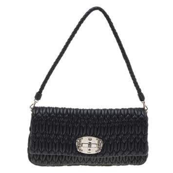Pre Owned Miu Miu Black Matelassé Nappa Leather Crystal Shoulder Bag