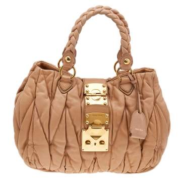 Pre Owned Miu Miu Beige Matelassé Leather Coffer Two Way Satchel