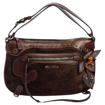 Pre Owned Miu Miu Brown Suede and Leather Floral Applique Western Hobo