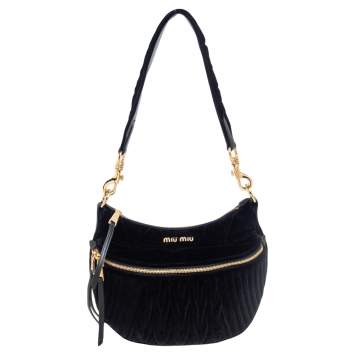 Pre Owned Miu Miu Black Matelassé Velvet Rider Shoulder Bag