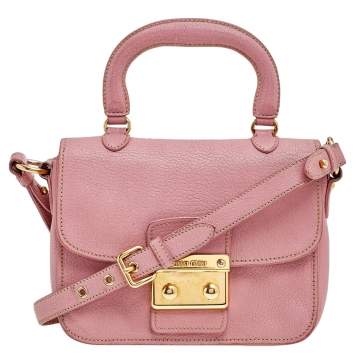 Pre Owned Miu Miu Pink Madras Leather Pushlock Top Handle Bag