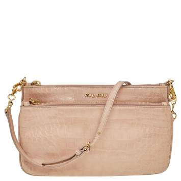 Pre Owned Miu Miu Beige Croc Embossed Patent Leather Crossbody Bag