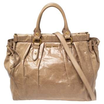 Pre Owned Miu Miu Beige Leather Gathered Tote