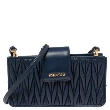Pre Owned Miu Miu Navy Blue Matelasse Leather Phone Bag