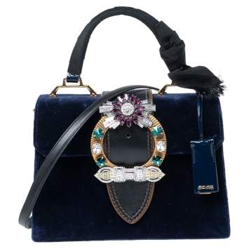 Pre Owned Miu Miu Blue Velvet Crystal Embellished Buckle Flap Top Handle Bag