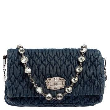 Pre Owned Miu Miu Blue Denim Crystal Embellished Shoulder Bag